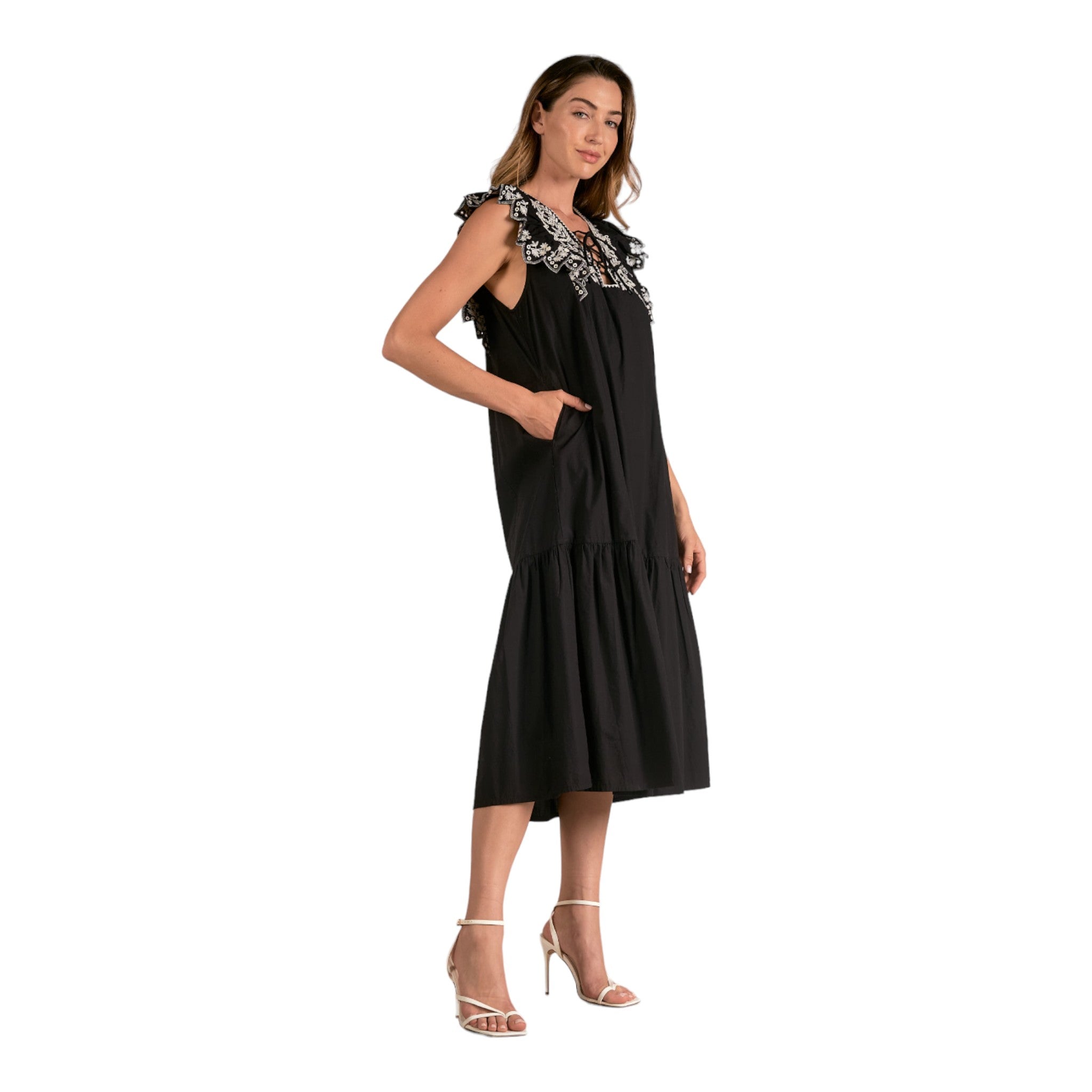 Elan - Embroidered Ruffle Maxi Dress - Black/Natural