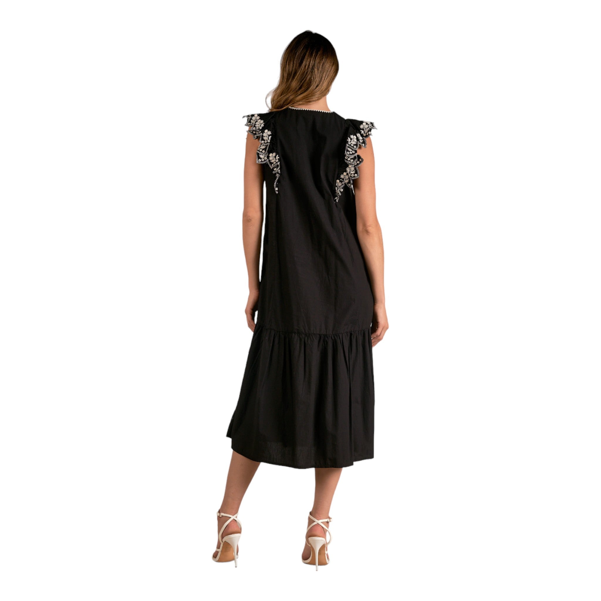 Elan - Embroidered Ruffle Maxi Dress - Black/Natural