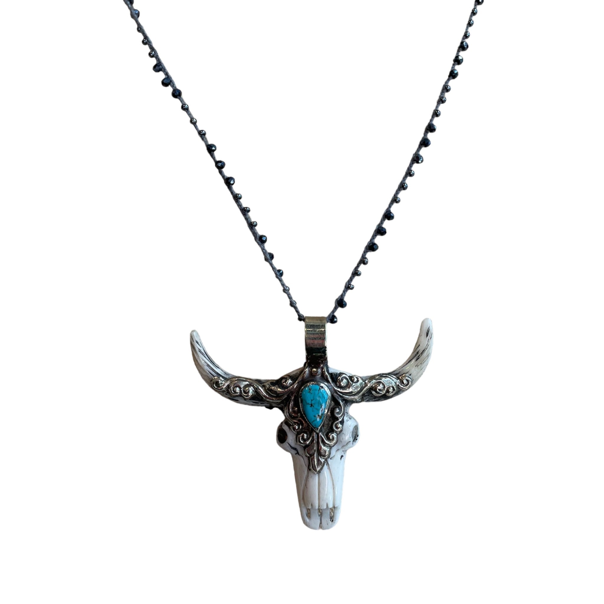 Native Gem - Hand Crochet Longhorn Skull Necklace - Turquoise