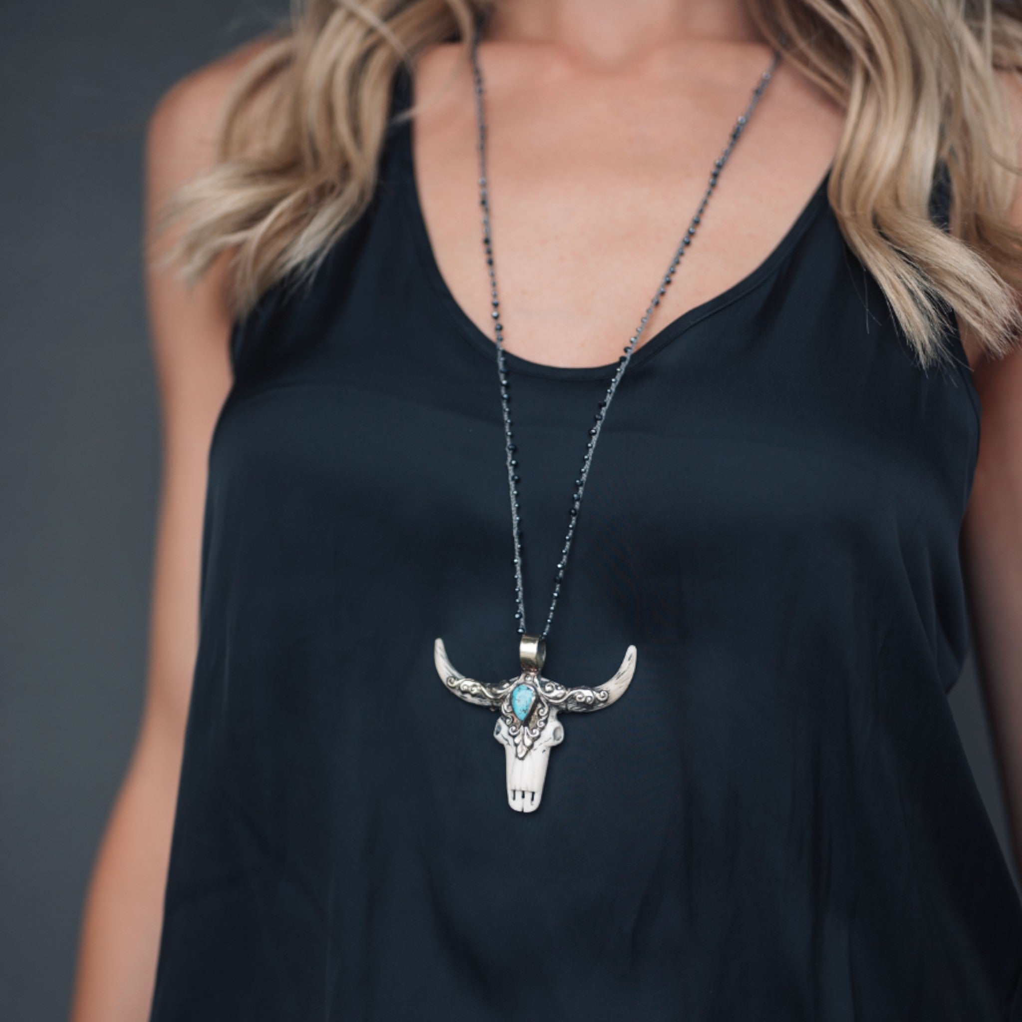 Native Gem - Hand Crochet Longhorn Skull Necklace - Turquoise