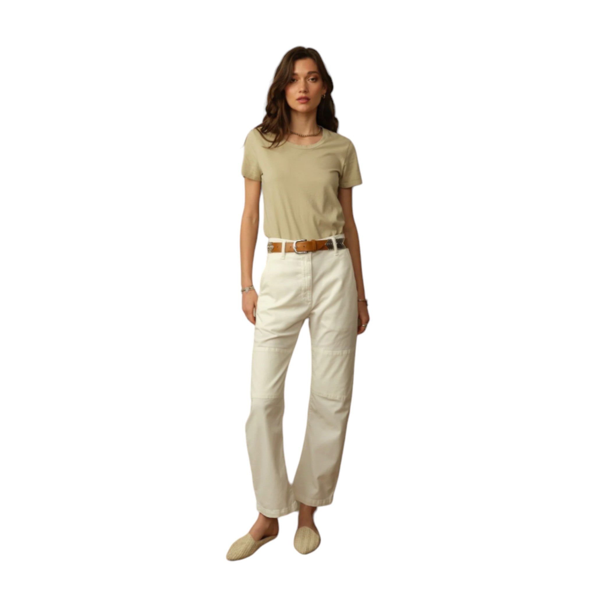 cream pant featuring a button and zip closure, belt loops, slant pockets in the front and patch pockets in the back