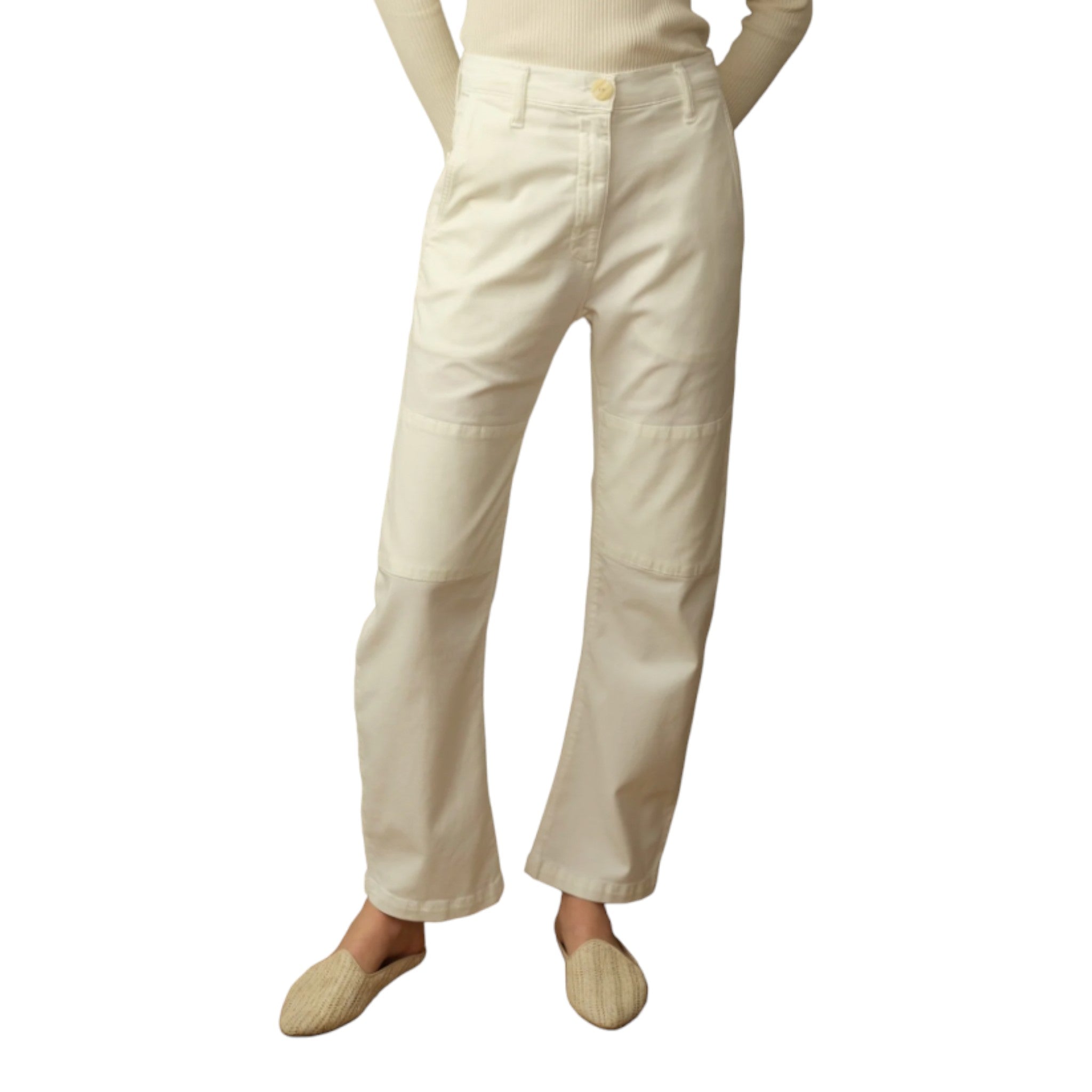 cream pant featuring a button and zip closure, belt loops, slant pockets in the front and patch pockets in the back