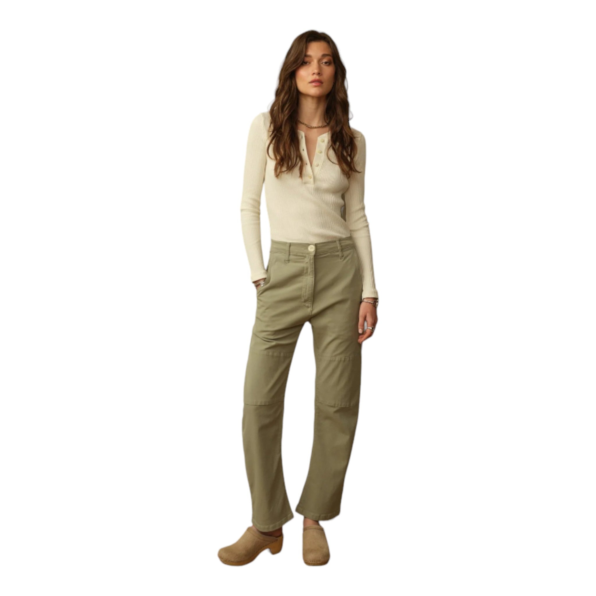 khaki green pant featuring a button and zip closure, belt loops, slant pockets in the front and patch pockets in the back