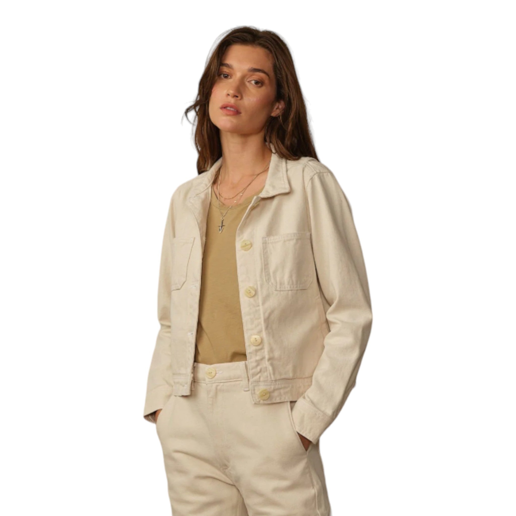 cream, denim style button up jacket with patch pockets on the chest and regular pockets with a cinching detail at the waist in the back
