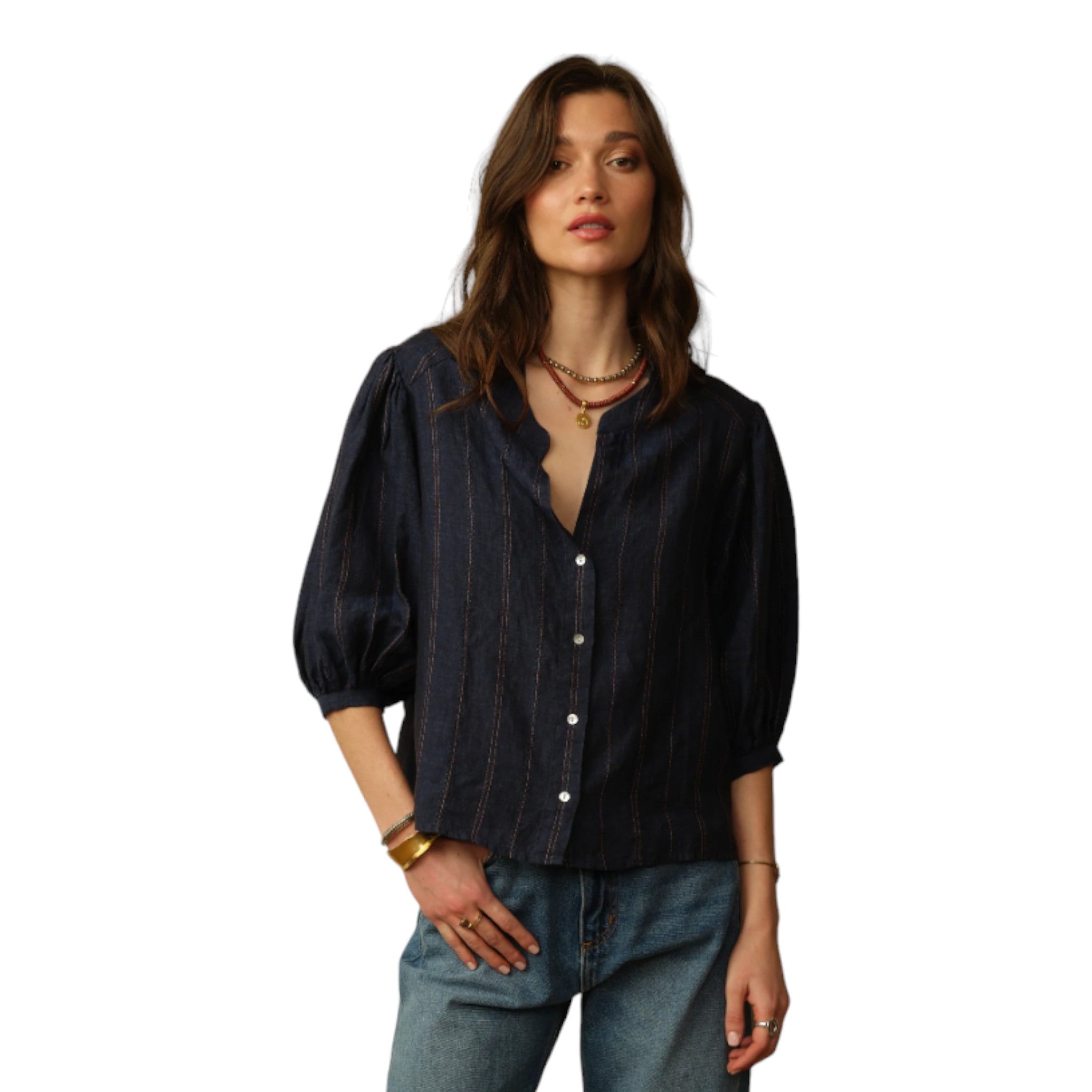 dark denim colored button up linen blouse with puff 3 quarter sleeves with a vertical brown stripe detailing