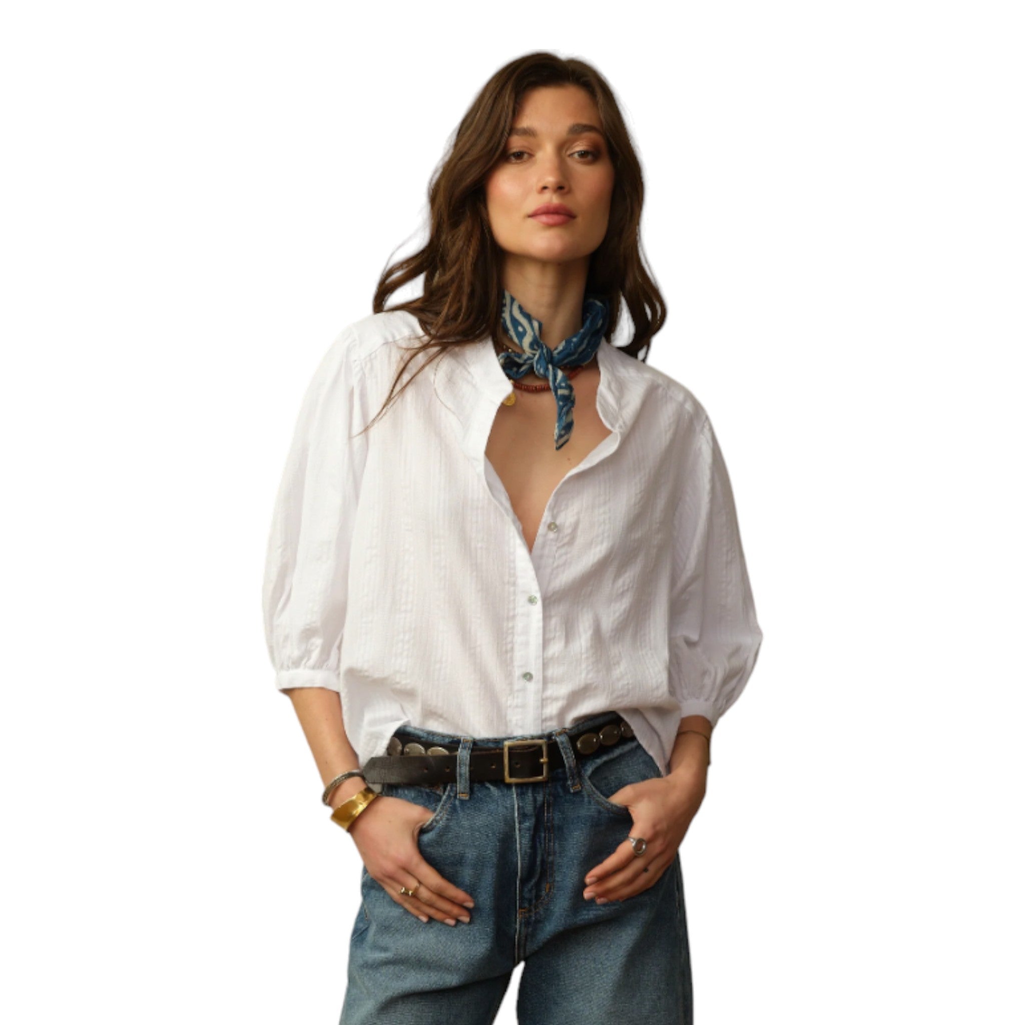 white button up organic cotton blouse with puff 3 quarter sleeves with a subtle stripe detailing