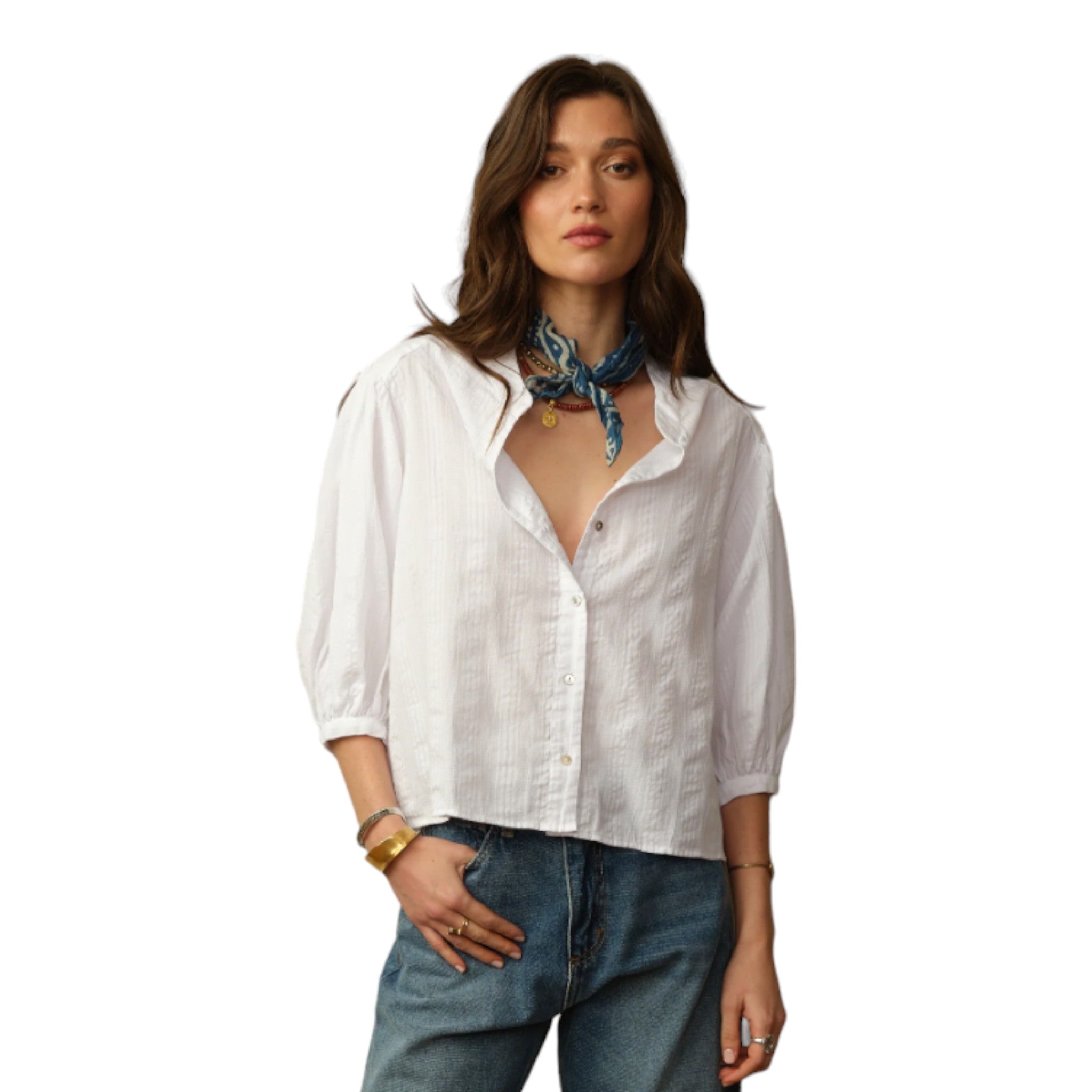 white button up organic cotton blouse with puff 3 quarter sleeves with a subtle stripe detailing