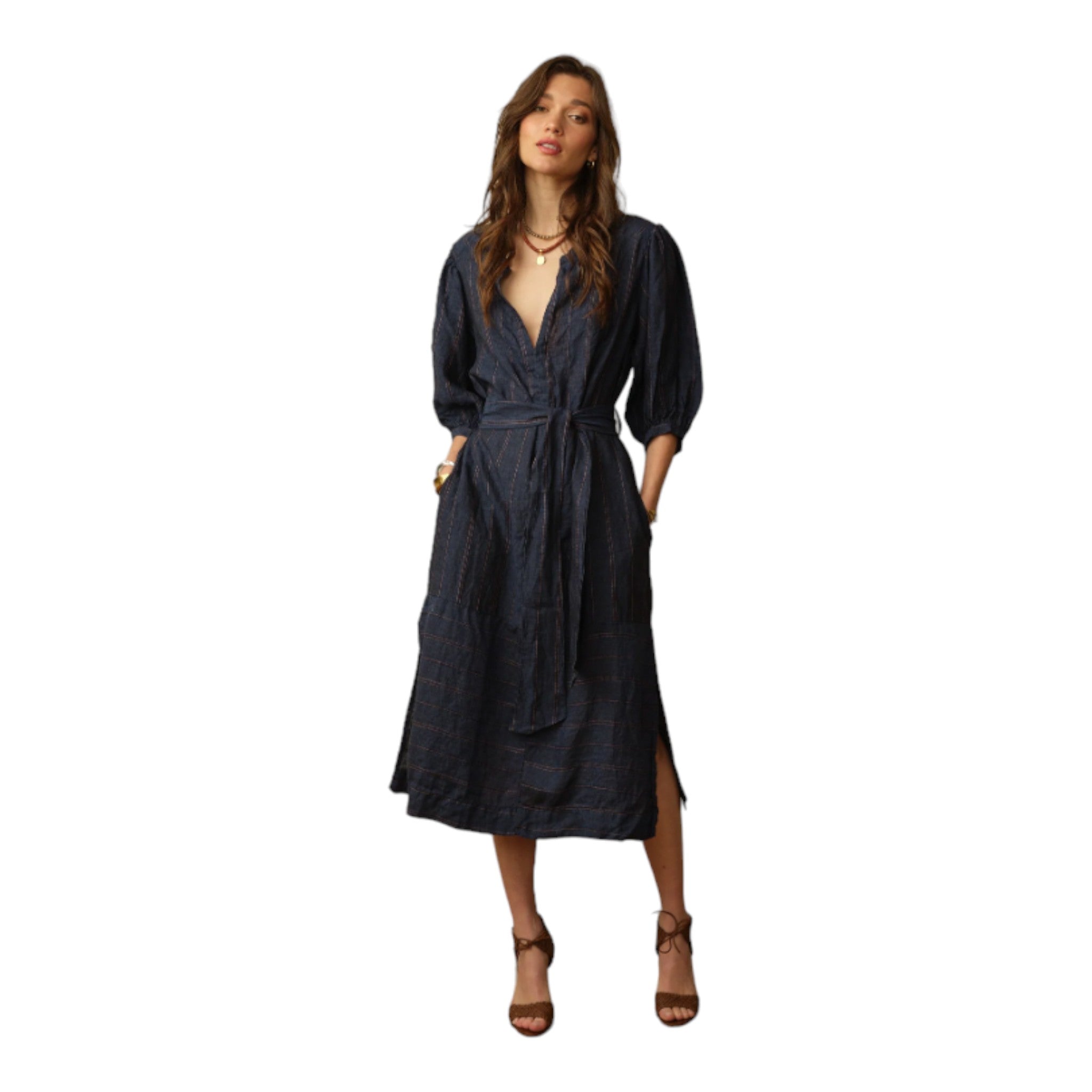 Road To Nowhere - Marrakech Linen Dress - Indigo Stripe