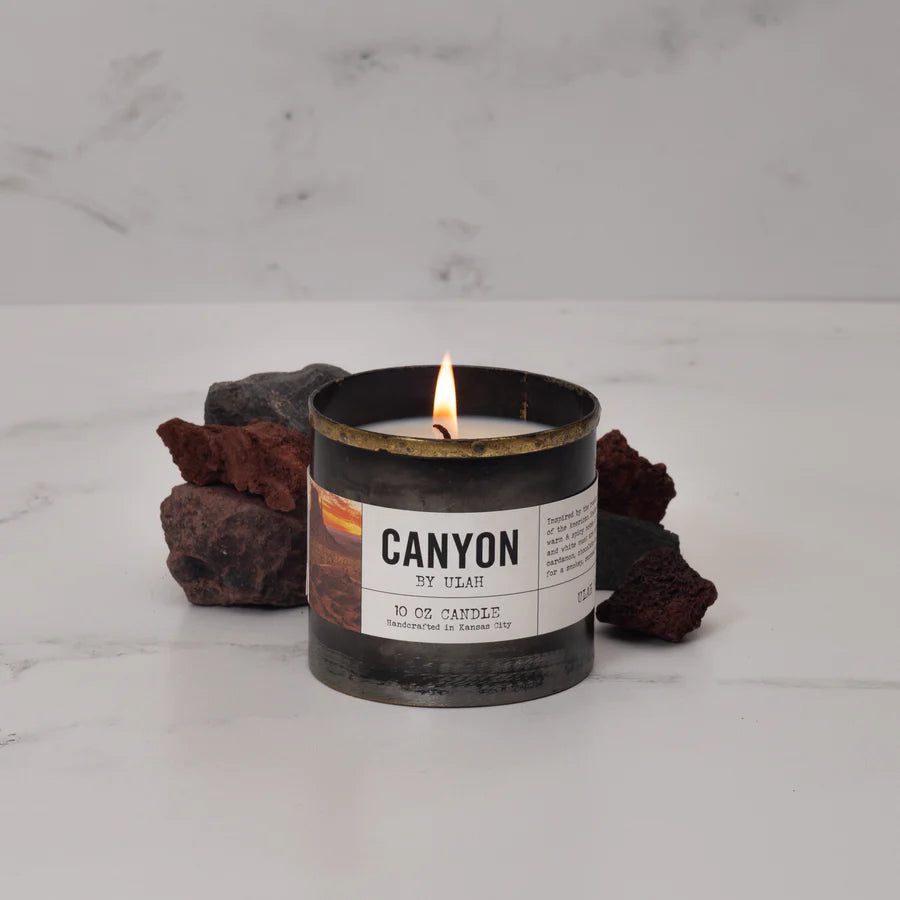 10 oz lit Canyon candle in rustic metal container