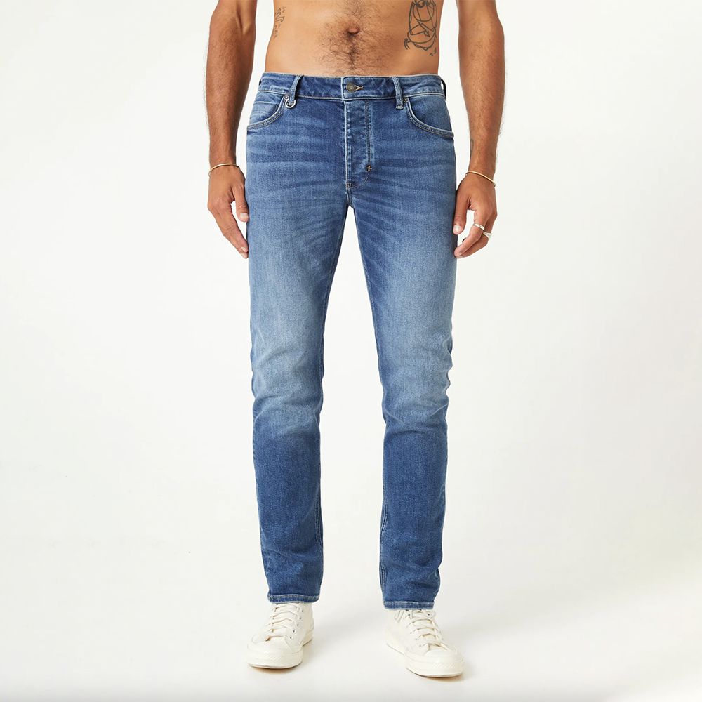 Blue fitted denim with button and zip closure