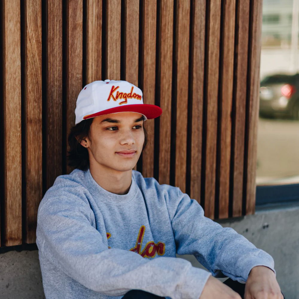 Sandlot - Kingdom 5 Panel Cap - White Sanded Twill w/ Gold Rope & Red Visor