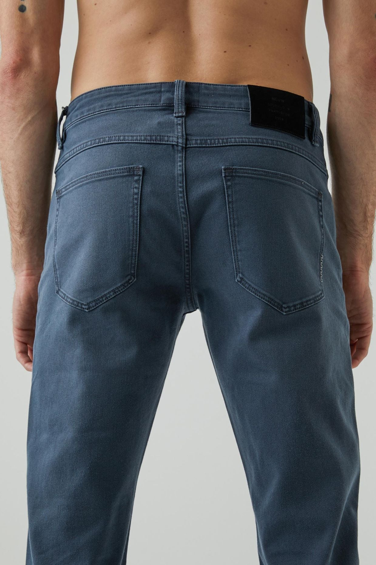 blue/grey slim fit pants with button and zip closure