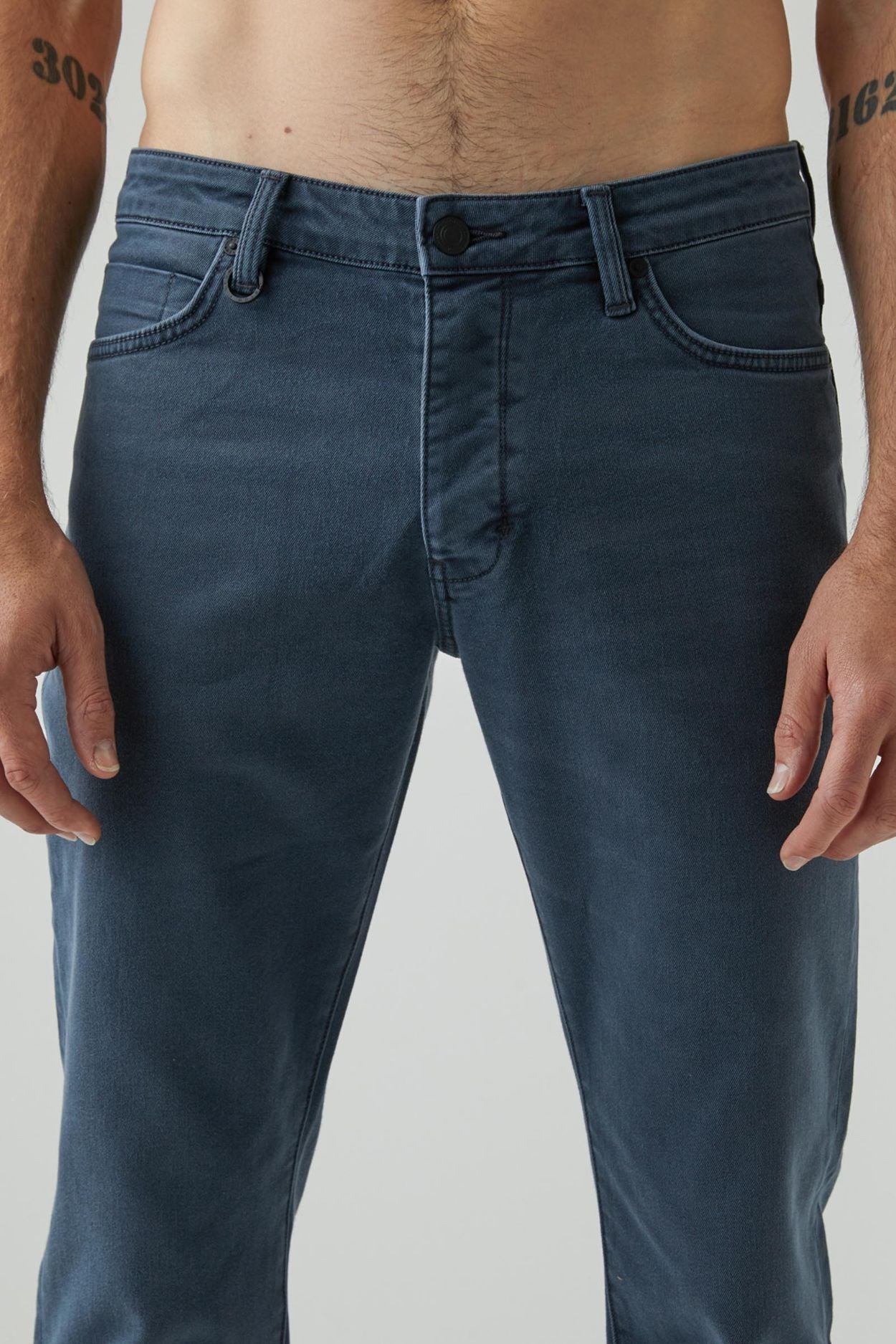 blue/grey slim fit pants with button and zip closure