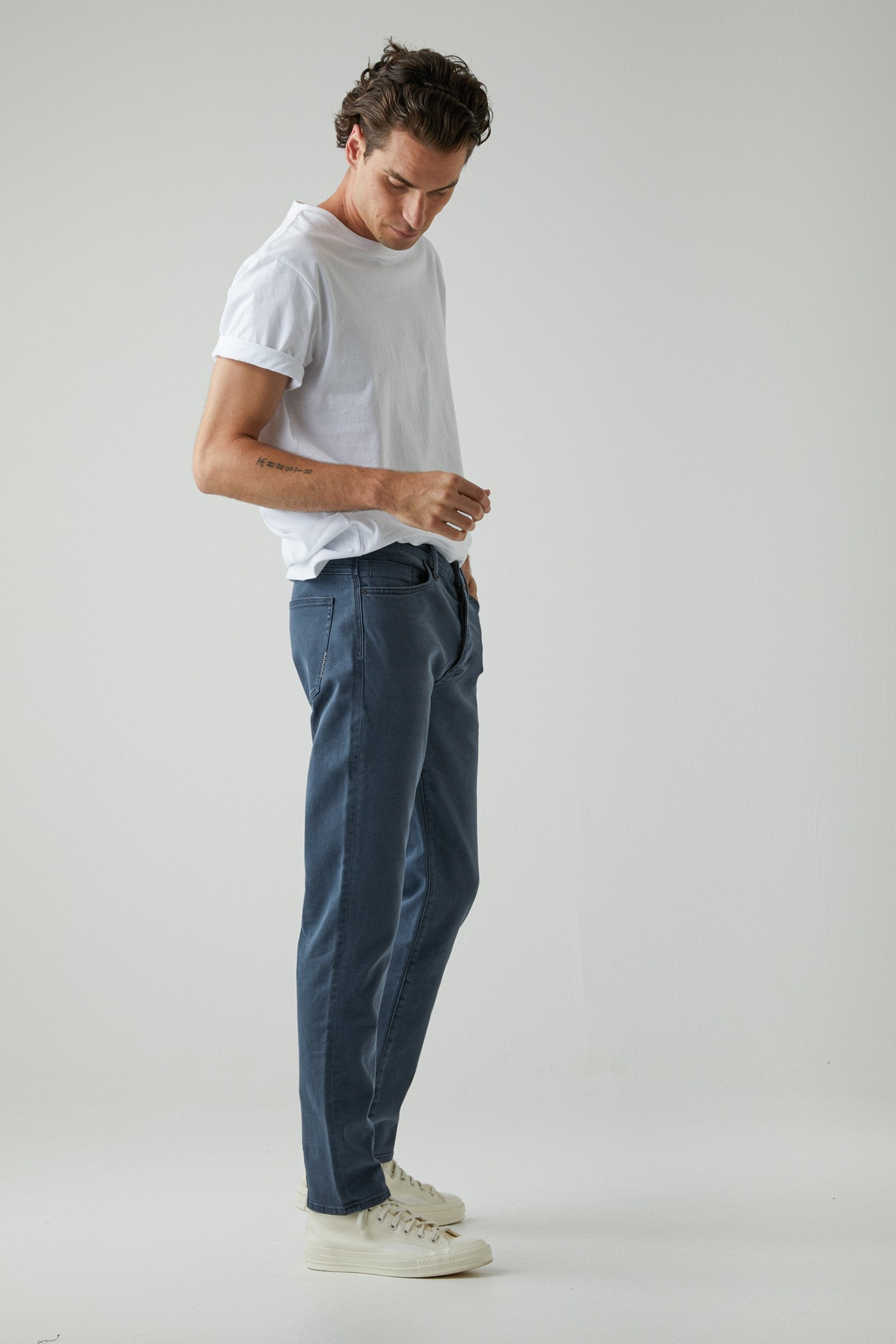 blue/grey slim fit pants with button and zip closure